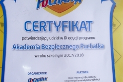 Certyfikat potwierdzający udział uczniów klas I -III w IX edycji programu akademia bezpiecznego Puchatka